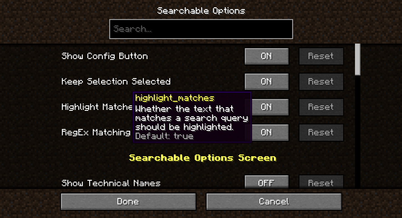 A screenshot of Searchable's in-game config GUI, showing the tooltip for the "Highlight Matches" option with its technical name, description, and default value.