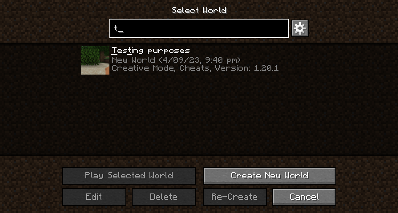 A screenshot of the singleplayer world selection screen showing text highlighting and the added config button.