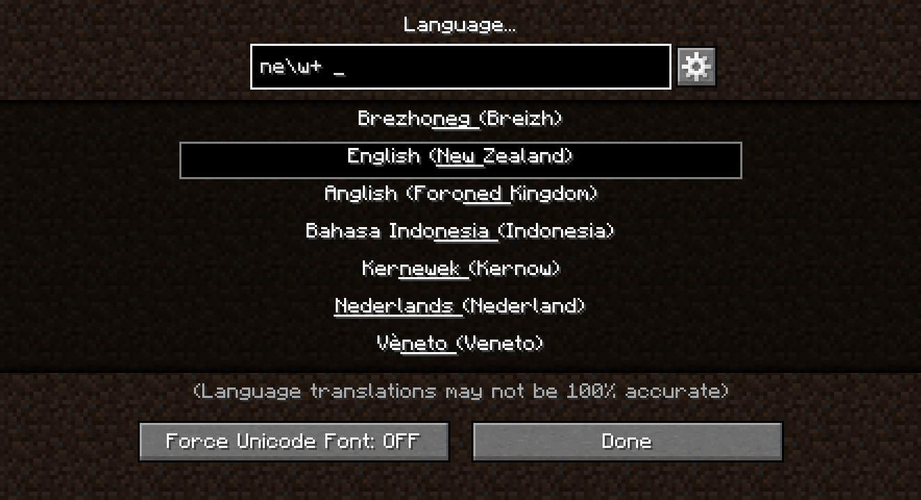 A screenshot of the Languages screen, showing the results of a RegEx search query "new+ " with the matching parts of the results underlined.