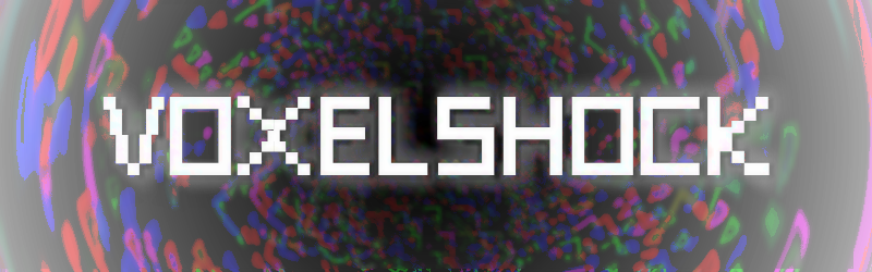 Pixel text with stylized background. Text says "VOXELSHOCK".