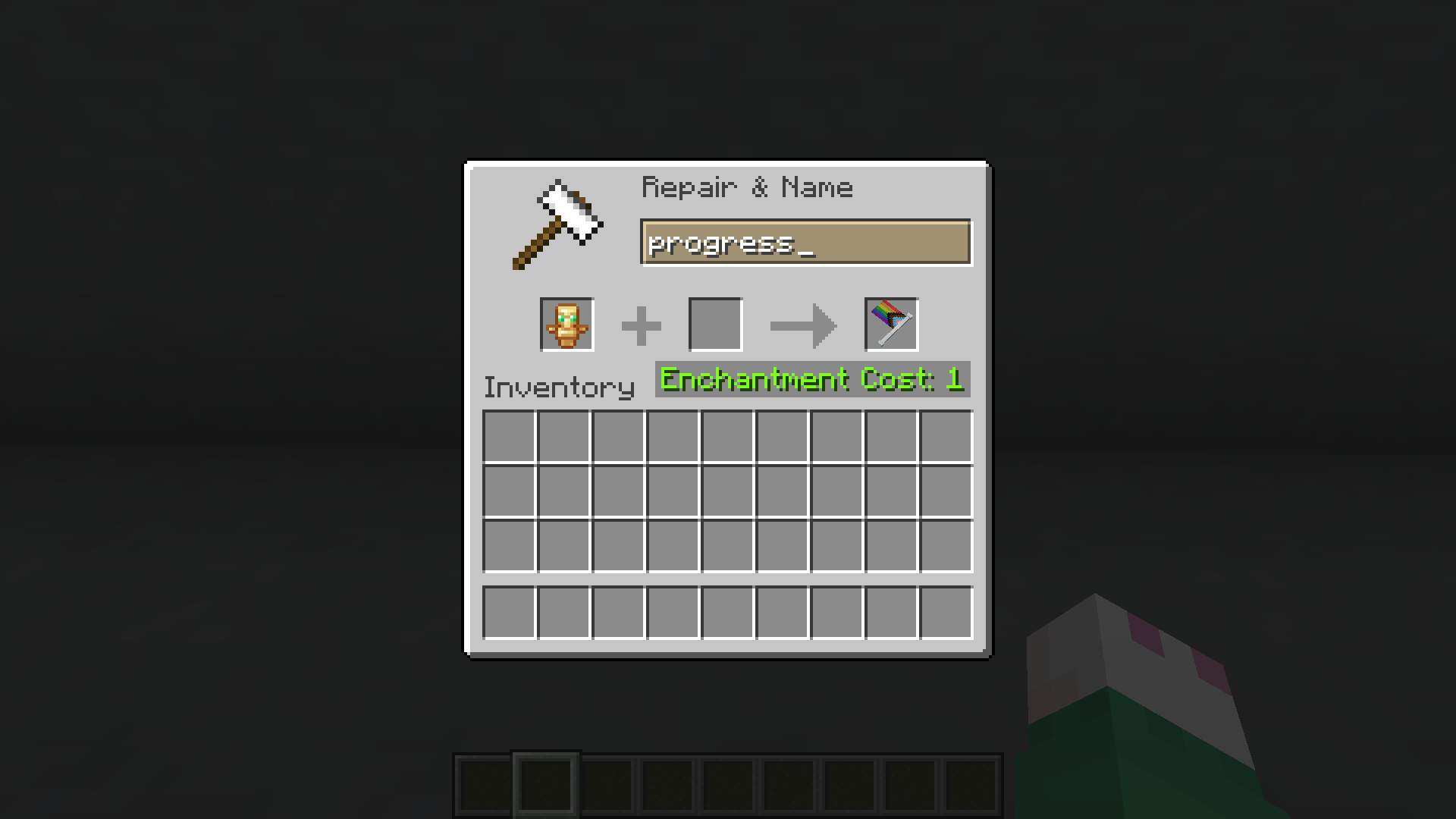 Screenshot of a Minecraft anvil GUI. There is a totem of undying in the first slot on the left, and a progress pride flag in the output slot. The item is being renamed "progress".