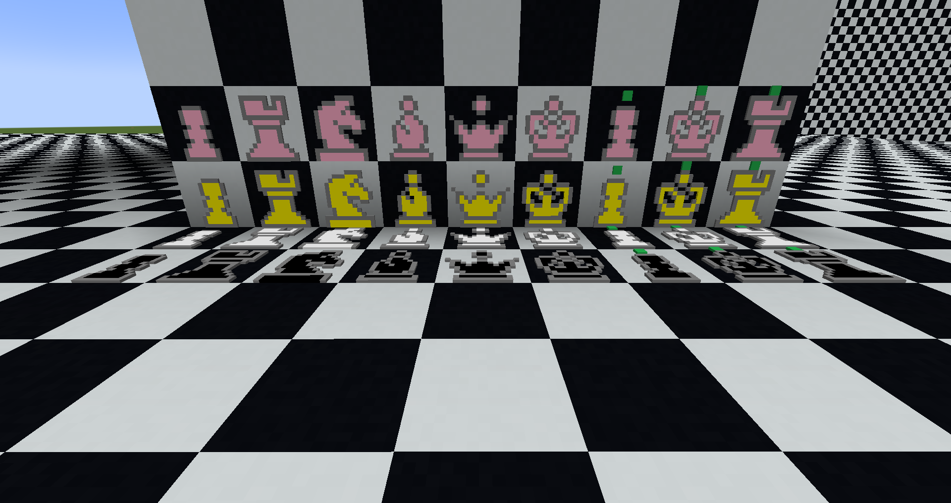 This Picture shows Chess Pieces on the ground and on the wall ordered by Colour Type. There are 9 Chess Pieces of one Colour. These are the 6 usual Chess Pieces as well as a Pawn, a King and a Rook with a Green dot above them.