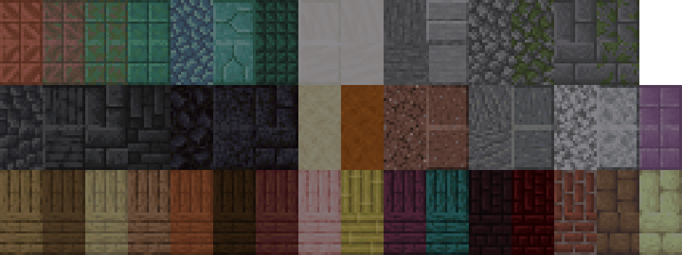 In-game image of said blocks, slab variants on top, full blocks below