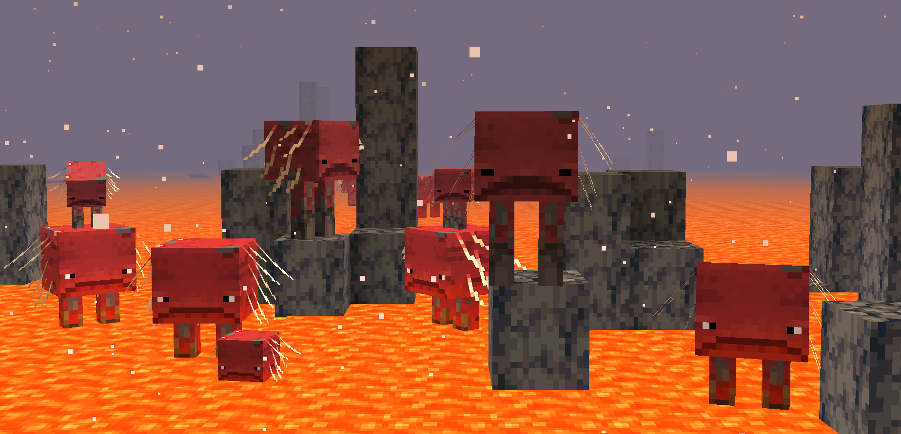 A pack of striders in a lava ocean, with Lazy Striders textures.