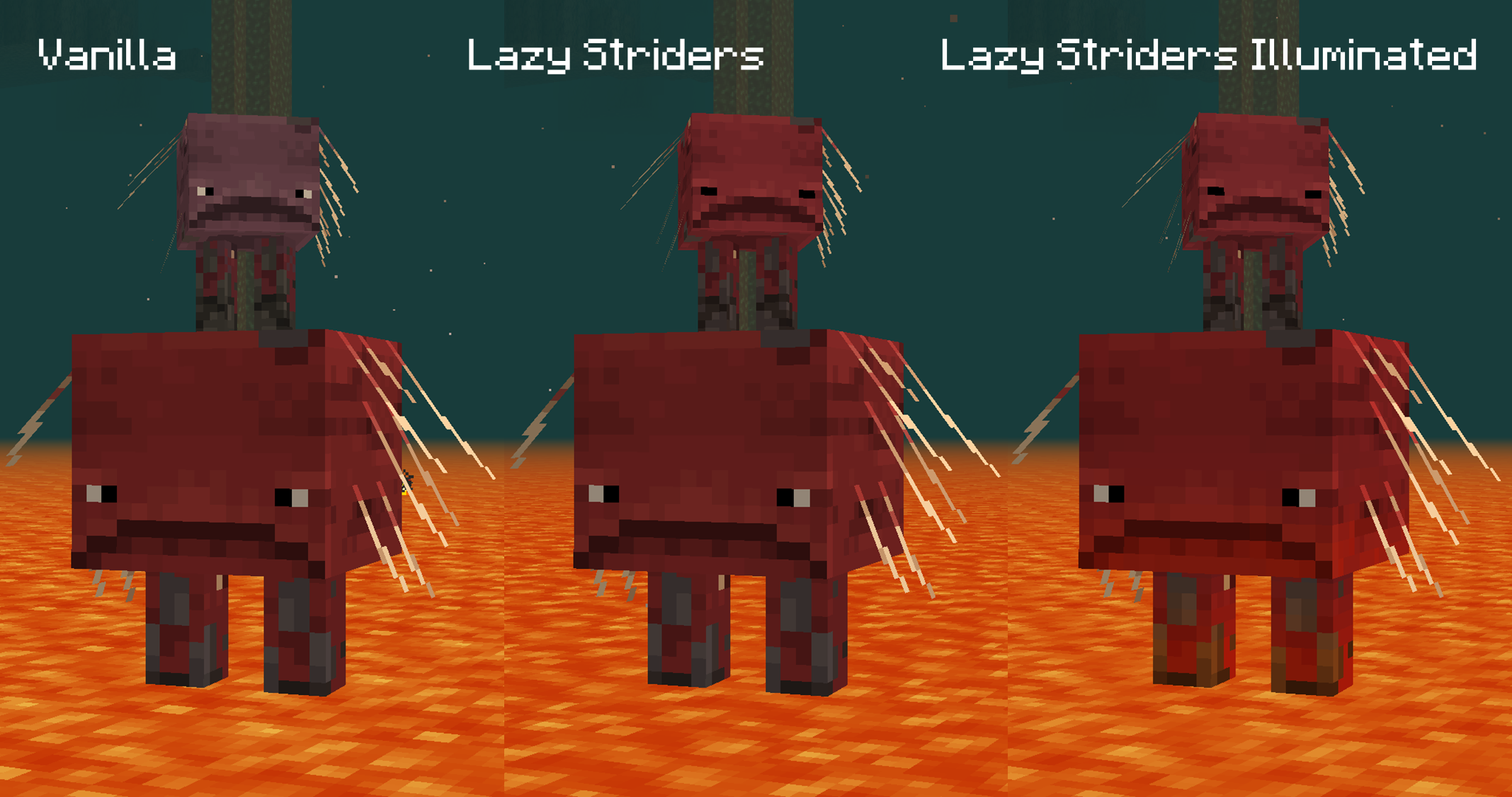 A baby stider riding an adult strider, with vanilla textures on the left, Lazy Striders textures in the middle, and Lazy Striders - Illuminated textures on the right.
